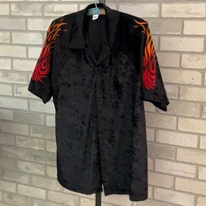 90’s vintage Dangerous Willie velvet button down w/ flocked flame sleeve detail